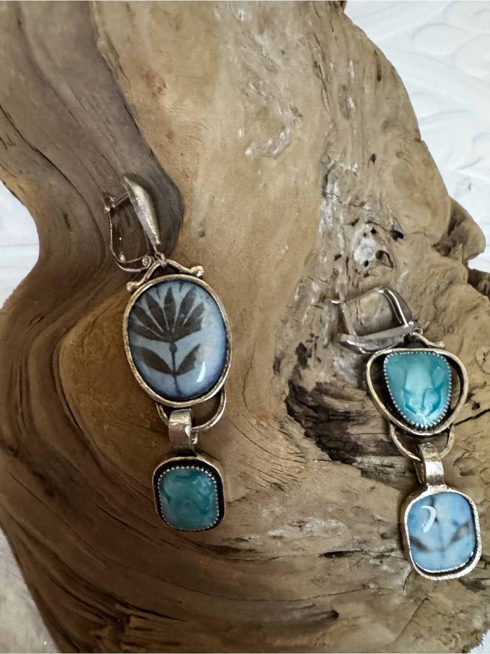 Vintage Style Mismatched Bohemian Faux Larimar/Silver Drop Earrings
